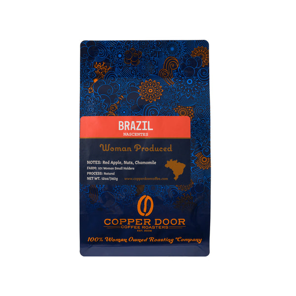 Front view of Copper Door Coffee Roasters Brazil coffee beans with tasting notes of Red Apple, Nuts, and Chamomile 