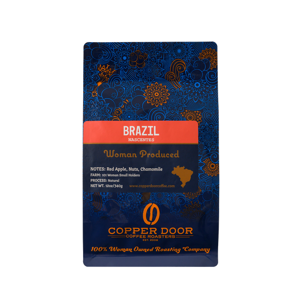 Front view of Copper Door Coffee Roasters Brazil coffee beans with tasting notes of Red Apple, Nuts, and Chamomile.