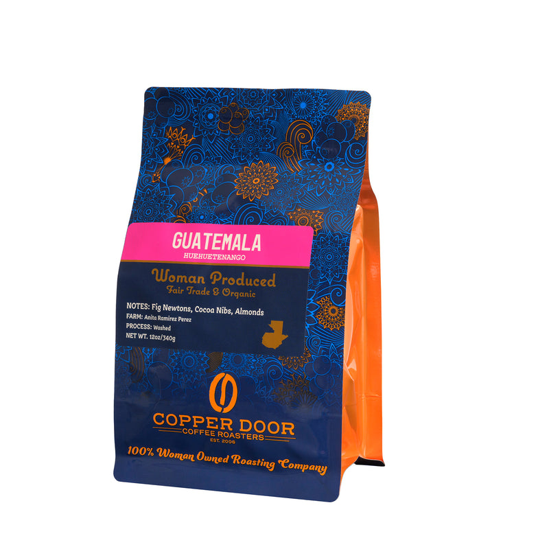 A bag of Guatemala coffee beans from the Huehuetenango region with tasting notes of fig newtons, cocoa nibs, and almonds.