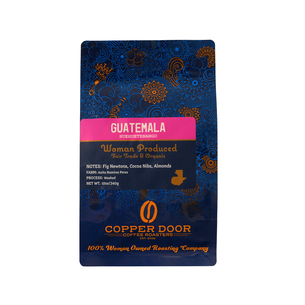 A bag of Guatemala coffee beans from the Huehuetenango region with tasting notes of fig newtons, cocoa nibs, and almonds.