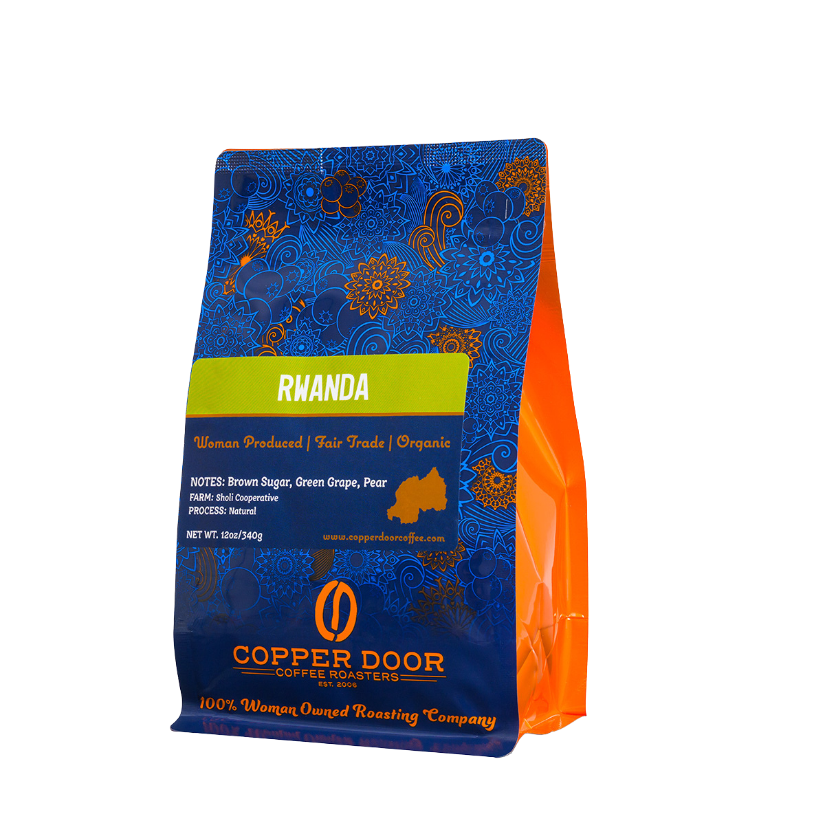 Rawanda Coffee Beans with tasting notes of brown sugar, green grape and pear in a bag from Copper Door Coffee Roasters.  
