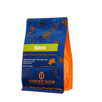 Rawanda Coffee Beans with tasting notes of brown sugar, green grape and pear in a bag from Copper Door Coffee Roasters.  