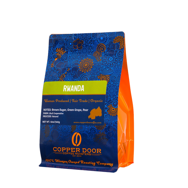 Rawanda Coffee Beans with tasting notes of brown sugar, green grape and pear in a bag from Copper Door Coffee Roasters.  
