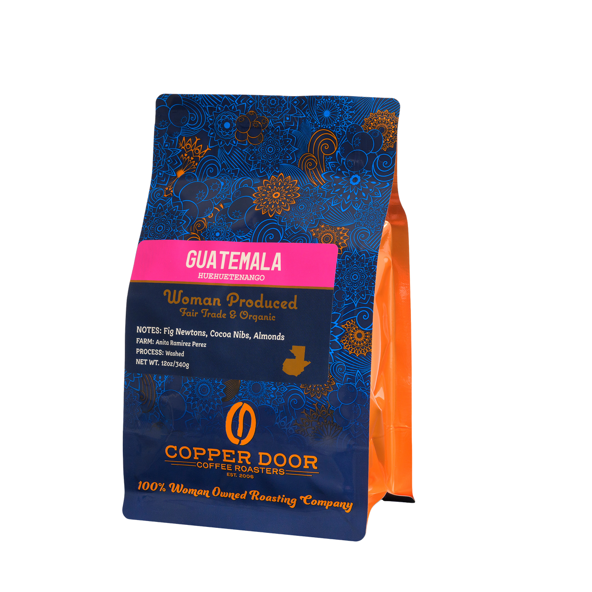 A bag of Guatemala coffee beans from the Huehuetenango region with tasting notes of fig newtons, cocoa nibs, and almonds.