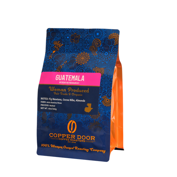 A bag of Guatemala coffee beans from the Huehuetenango region with tasting notes of fig newtons, cocoa nibs, and almonds.