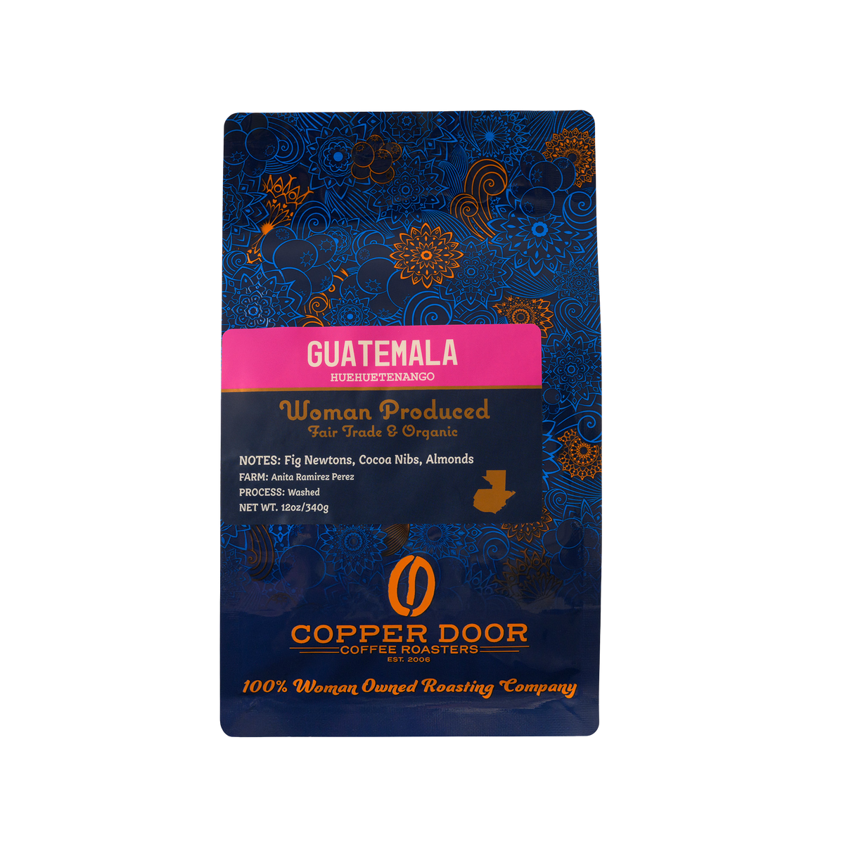 A bag of Guatemala coffee beans from the Huehuetenango region with tasting notes of fig newtons, cocoa nibs, and almonds.