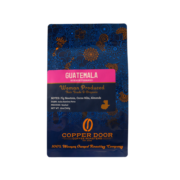 A bag of Guatemala coffee beans from the Huehuetenango region with tasting notes of fig newtons, cocoa nibs, and almonds.