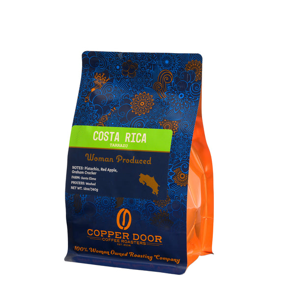 A bag of Copper Door Coffee Roasters Costa Rica Roast with tasting notes of Pistachio, Red Apple & Graham Cracker