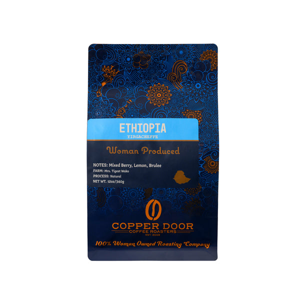 A bag of Ethiopia Roast Coffee Beans with notes of Mixed Berry, Lemon, Brulee viewed from the front. 