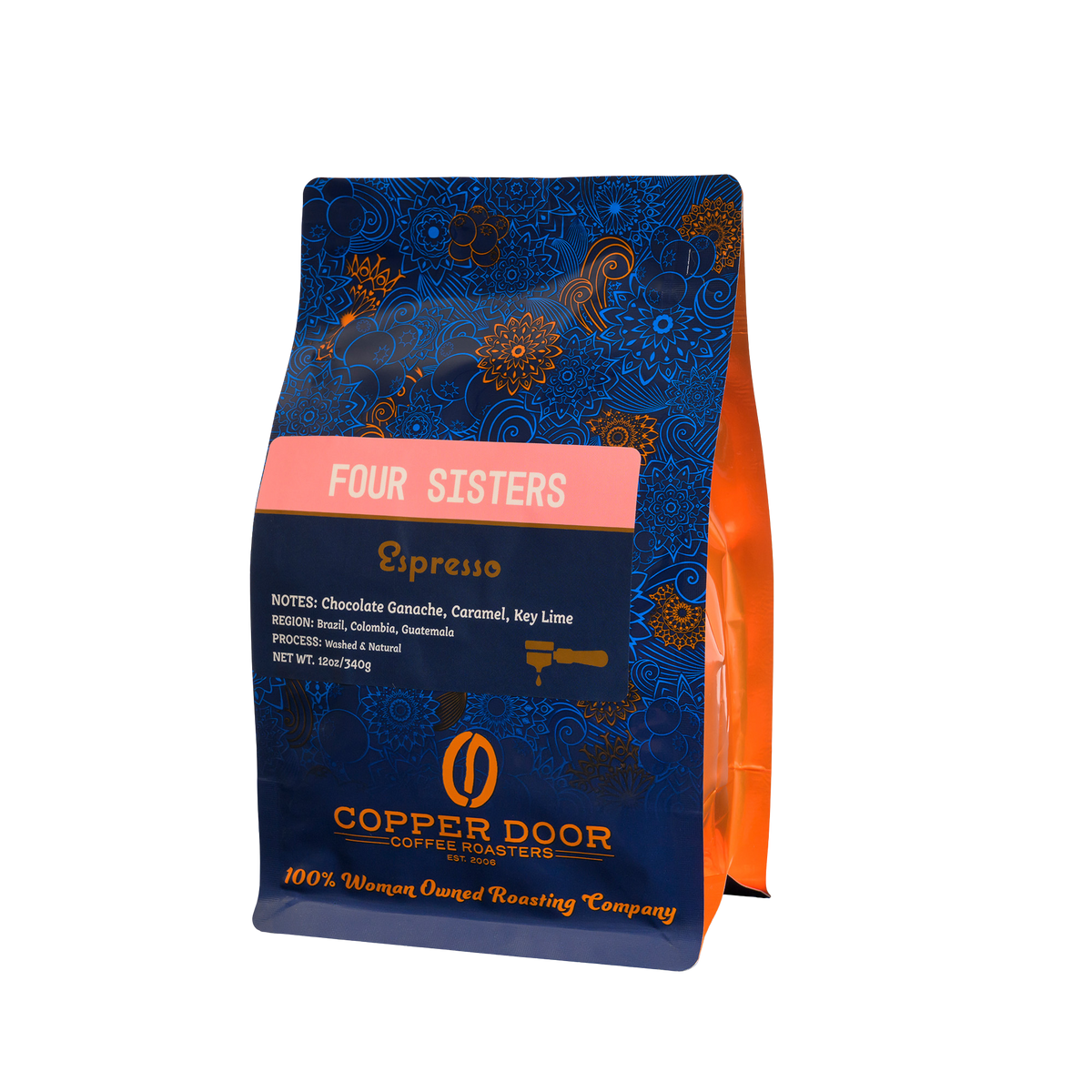 A bag of Four Sisters espresso coffee beans with notes of chocolate ganache, caramel, and key lime from Copper Door Coffee Roasters.