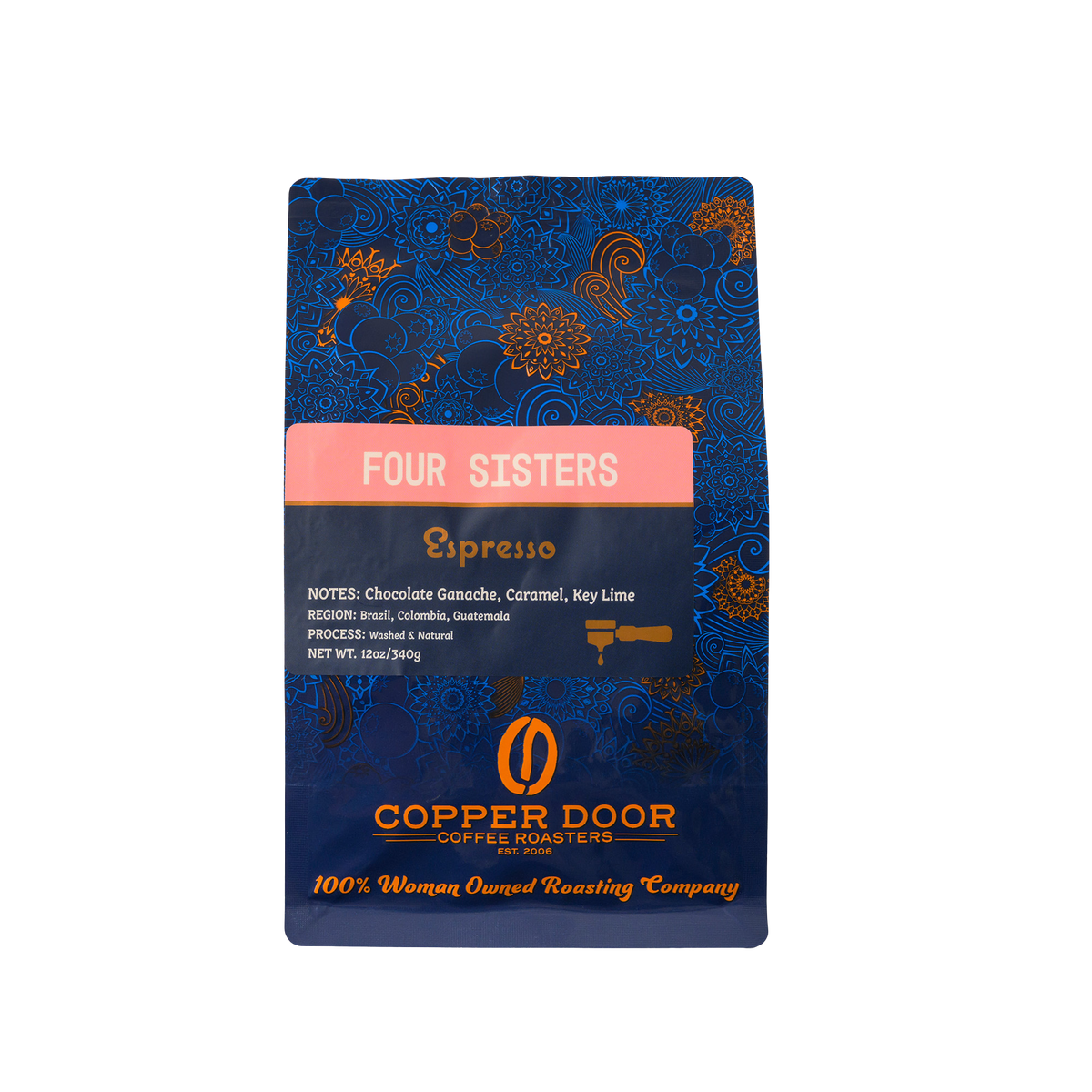A front view of a bag of Four Sisters espresso coffee beans with notes of chocolate ganache, caramel, and key lime from Copper Door Coffee Roasters.