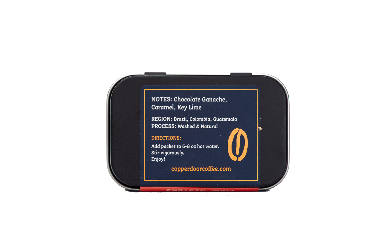 Back view of Four Sisters Espresso Instant Coffee Tin with notes of Chocolate Ganache, Caramel, & Key lime