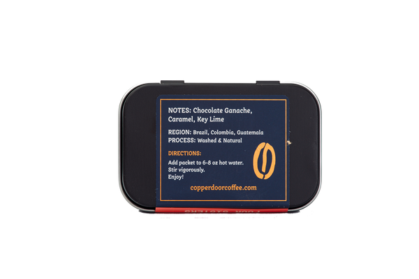 Back view of Four Sisters Espresso Instant Coffee Tin with notes of Chocolate Ganache, Caramel, & Key lime