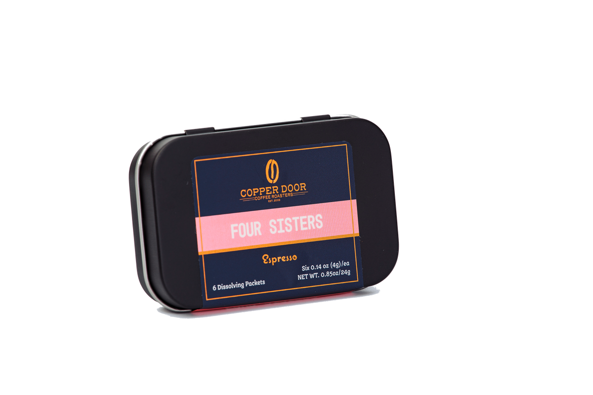 Side view of Four Sisters Espresso Instant Coffee Tin with tasting notes of Chocolate Ganache, Caramel, & Key lime