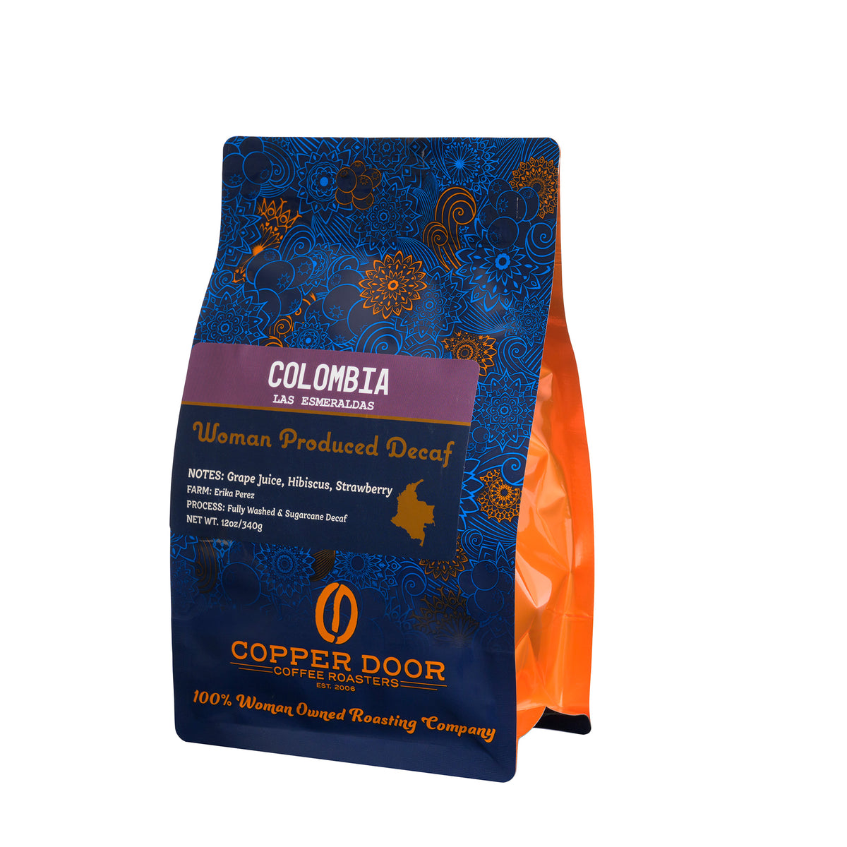 Angled view of Copper Door Coffee Roasters Colombia Decaf Coffee with tasting notes of Grape Juice, Hibiscus & strawberry