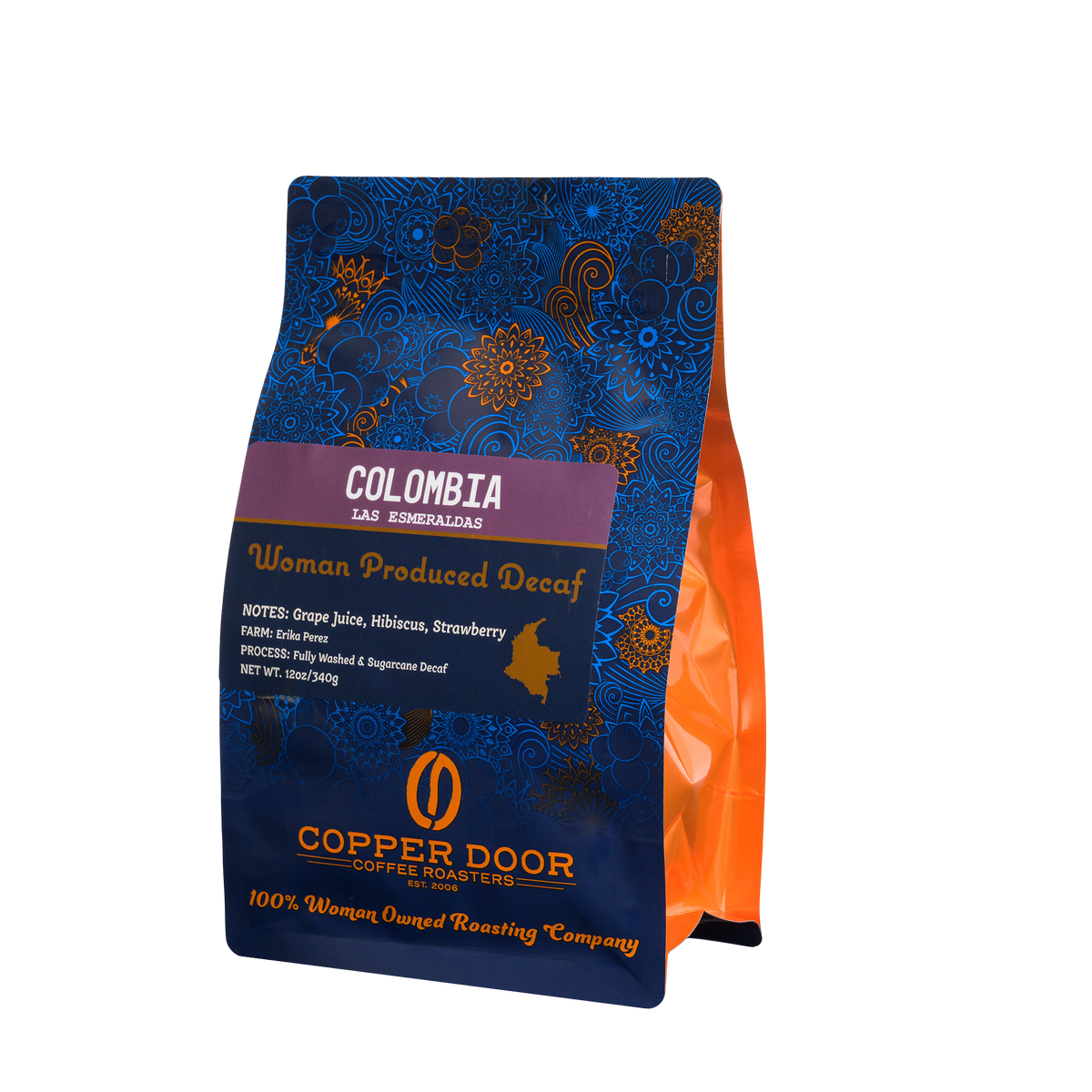 Angled view of Copper Door Coffee Roasters Colombia Decaf Coffee with tasting notes of Grape Juice, Hibiscus & strawberry