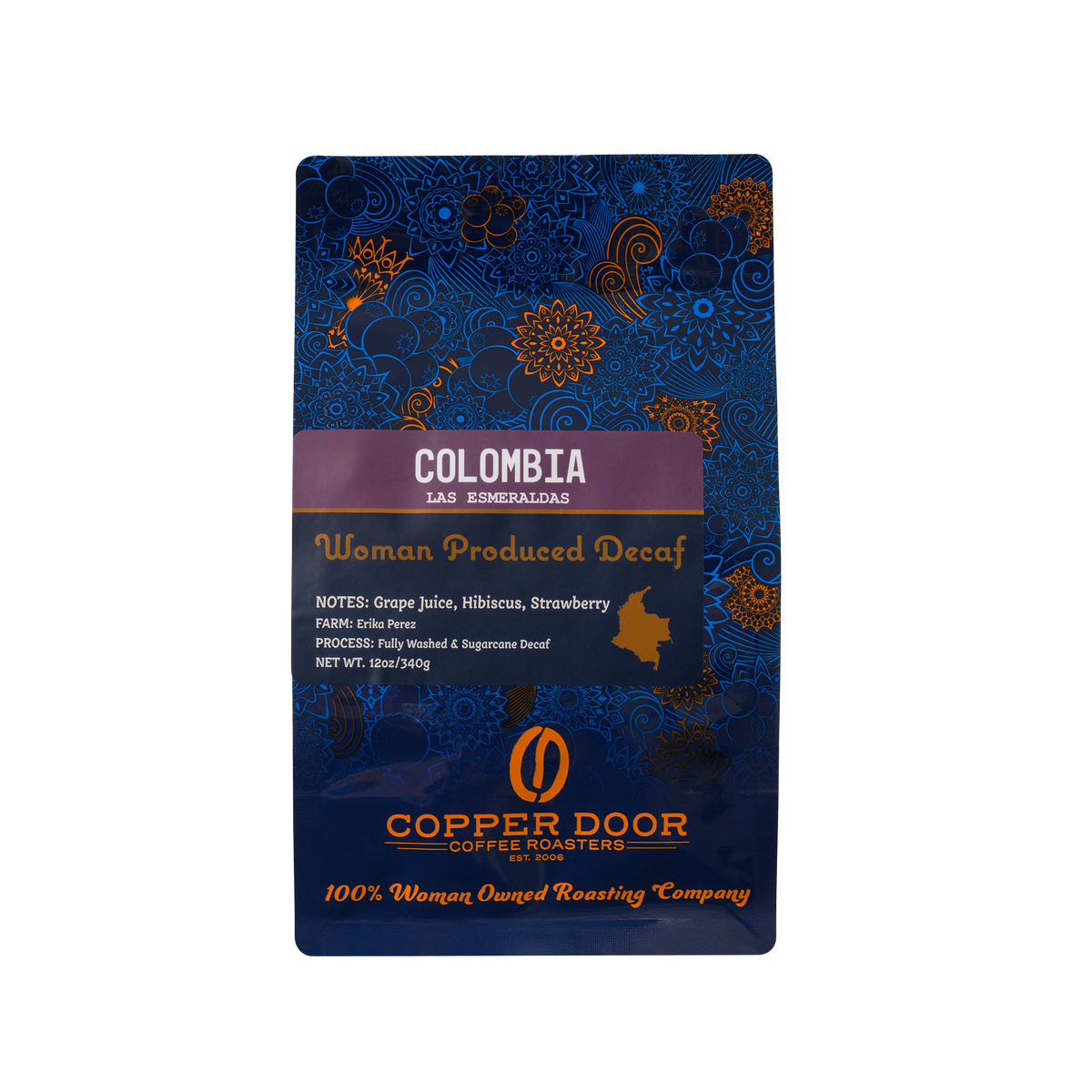 Front view of Colombia Decaf Coffee Beans with tasting notes of Grape Juice, Hibiscus & strawberry.