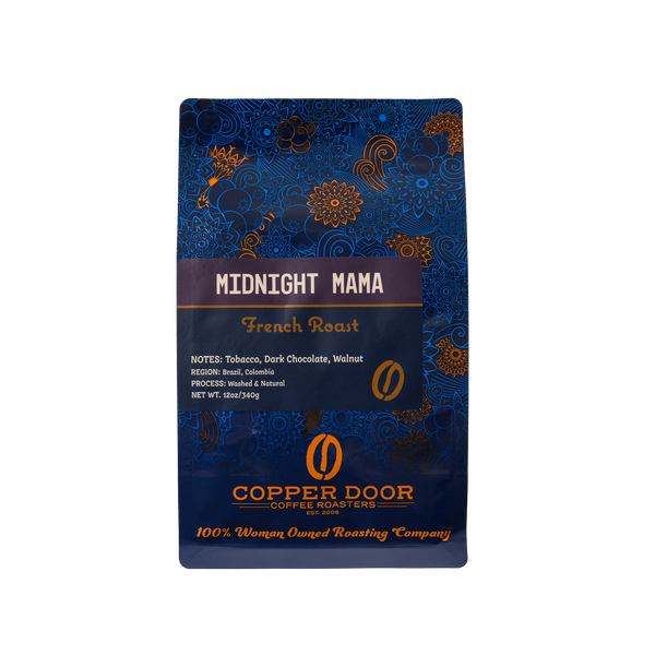 A bag of Midnight Mama coffee beans with tasting notes of tobacco, dark chocolate, and walnut from Copper Door Coffee Roaster's. 