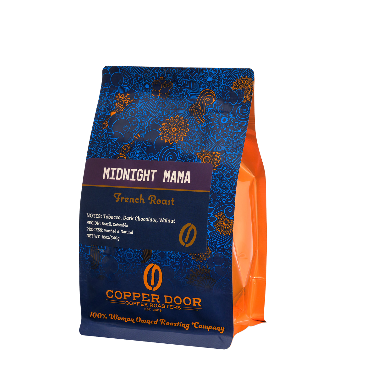 A bag of Midnight Mama coffee beans with tasting notes of tobacco, dark chocolate, and walnut from Copper Door Coffee Roaster's. 