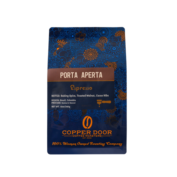 Coffee Bean blend with notes of baking spice, toasted walnut and cacao nibs from Copper Door Coffee Roasts. 