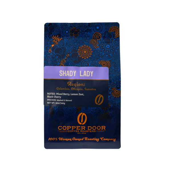 Front view of Shady Lady Coffee Blend with tasting notes of Mixed Berry, Lemon Zest, and Black Cherry.